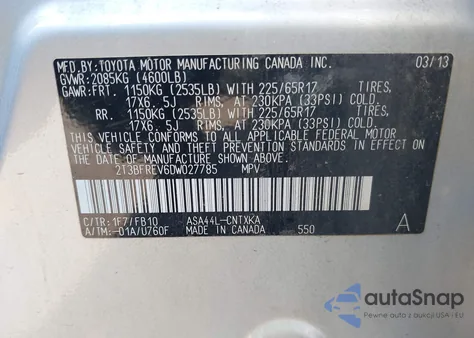 2013 Toyota Rav4 Le из США, поврежденный, VIN 2T3BFREV6DW027785